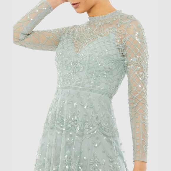 Mac Duggal 9142 Womens Size 16 Seafoam Light Green Blue Sequin Boho Midi Dress - Picture 3 of 4